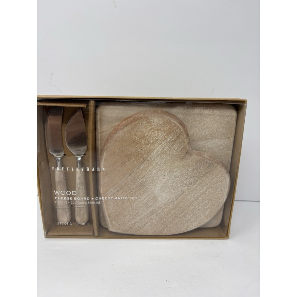 Pottery Barn Chateau Wood Cheese Charcuterie Board Knife Heart For 2 Gift Set